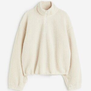 H&M 1/4 Zip Teddy Fleece Sherpa Cropped Sweater, Cream / Beige | Size Medium